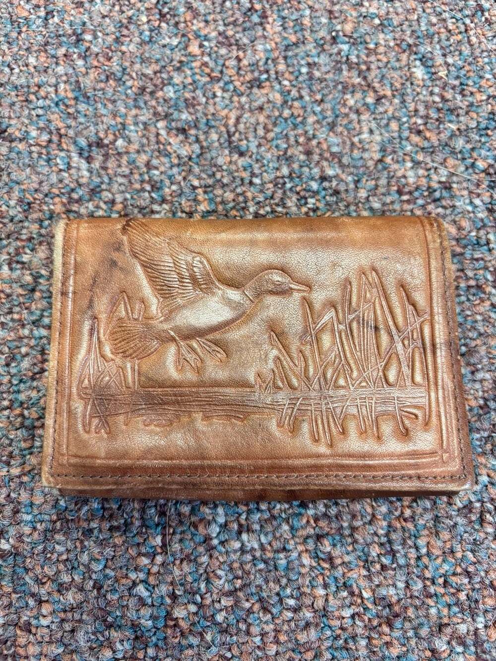 Vintage Brown Leather Trifold Wallet duck hunting edition